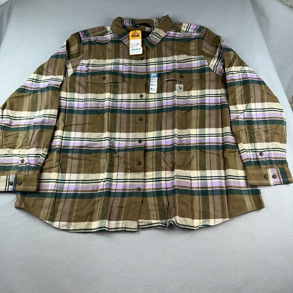 Carhartt Women's Tencel Long Sleeve Flannel Shirt Brown Purple Plaid NWT SZ 3XL